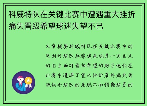 科威特队在关键比赛中遭遇重大挫折痛失晋级希望球迷失望不已