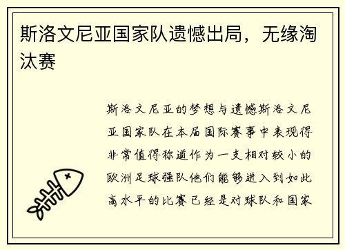 斯洛文尼亚国家队遗憾出局，无缘淘汰赛
