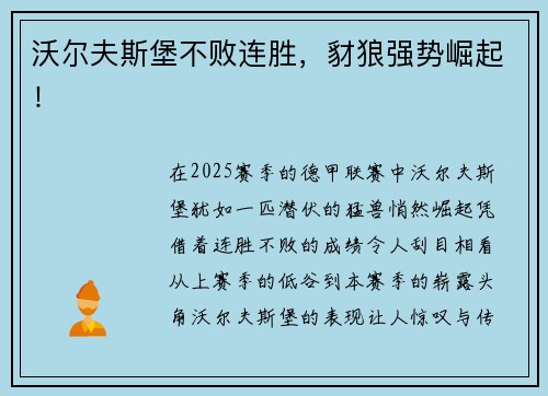 沃尔夫斯堡不败连胜，豺狼强势崛起！