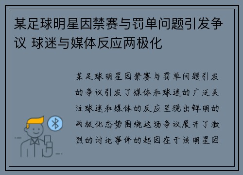 某足球明星因禁赛与罚单问题引发争议 球迷与媒体反应两极化